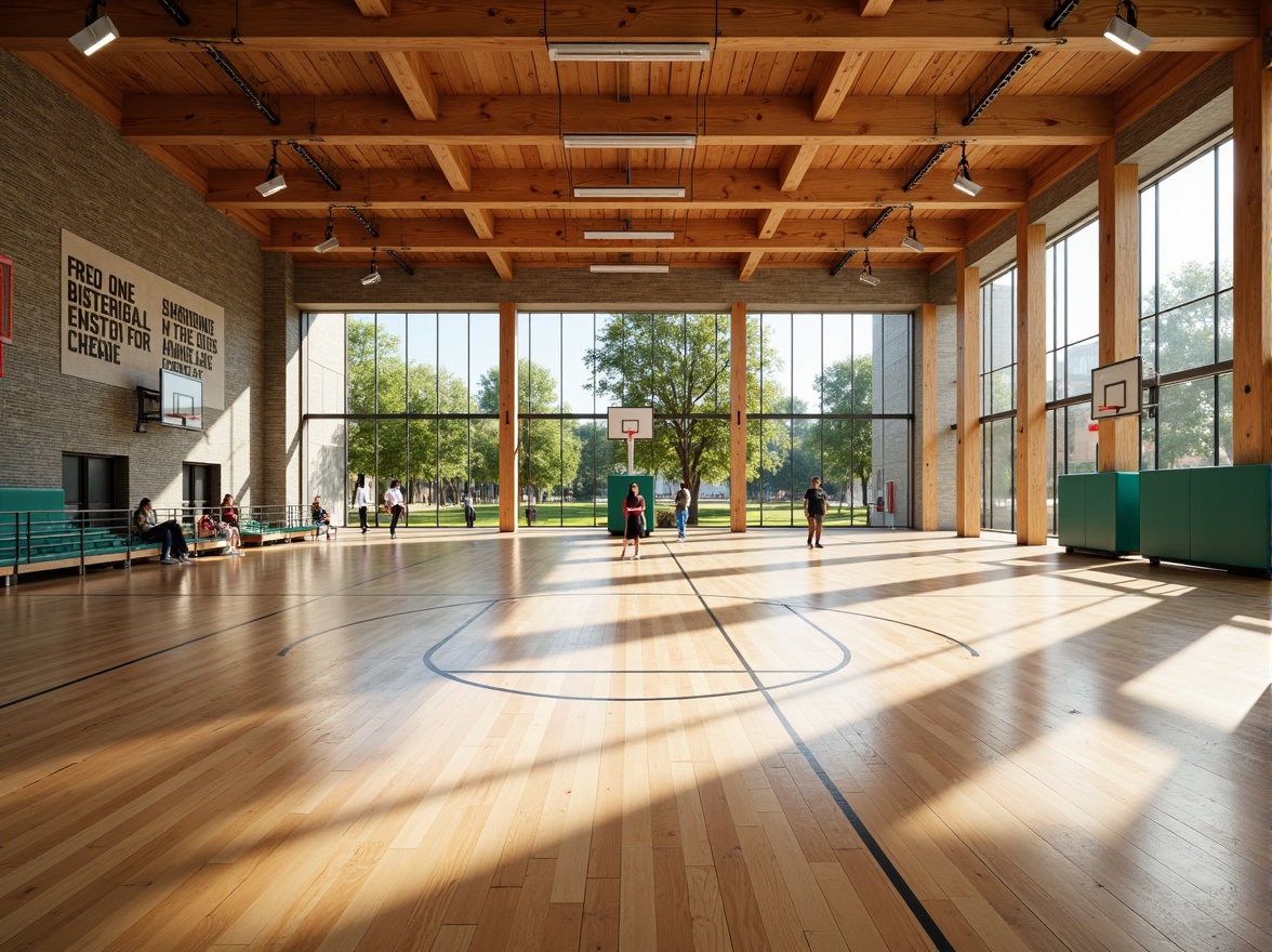 Prompt: Vibrant gymnasium interior, polished wooden floors, bright ceiling lights, athletic equipment, basketball hoops, bleachers, motivational quotes, natural stone walls, modern architecture, large windows, transparent glass doors, green outdoor surroundings, sunny day, soft warm lighting, shallow depth of field, 3/4 composition, panoramic view, realistic textures, ambient occlusion.