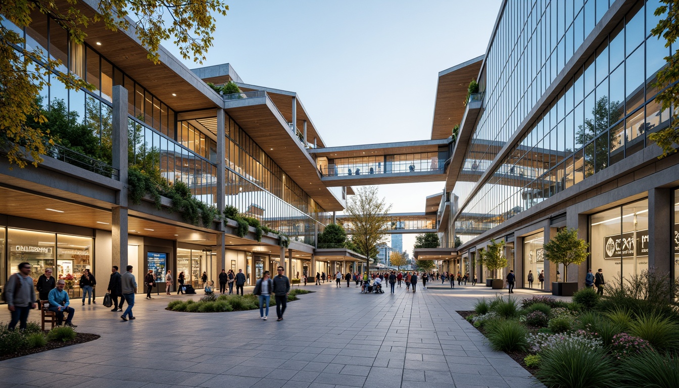 Prompt: Vibrant transportation hub, lush green roofs, elevated pedestrian walkways, natural stone paving, modern angular architecture, cantilevered canopies, large glass facades, dynamic LED lighting, busy urban streetscape, bustling city life, blurred motion blur effect, shallow depth of field, 1/2 composition, wide-angle lens, realistic textures, ambient occlusion, integrated public art installations, interactive pedestrian experiences, accessible green spaces, eco-friendly materials, sustainable design principles.