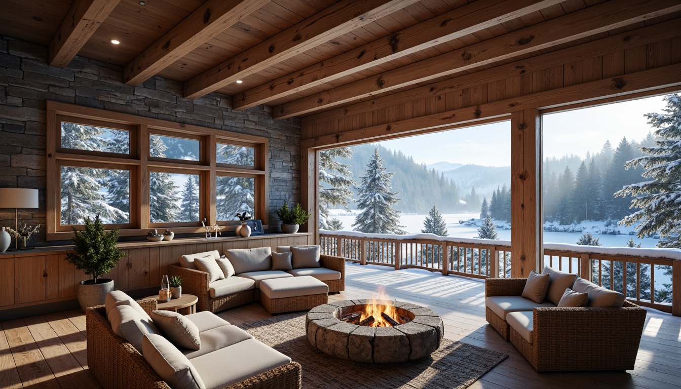 Prompt: Mountainous ski resort, wooden chalets, rustic stone walls, natural timber beams, earthy tones, snow-capped roofs, frosty windows, warm fireplaces, cozy lounge areas, wooden furniture, woven textiles, pine tree surroundings, snowy landscapes, frozen lakes, misty mornings, soft warm lighting, shallow depth of field, 3/4 composition, panoramic view, realistic textures, ambient occlusion.