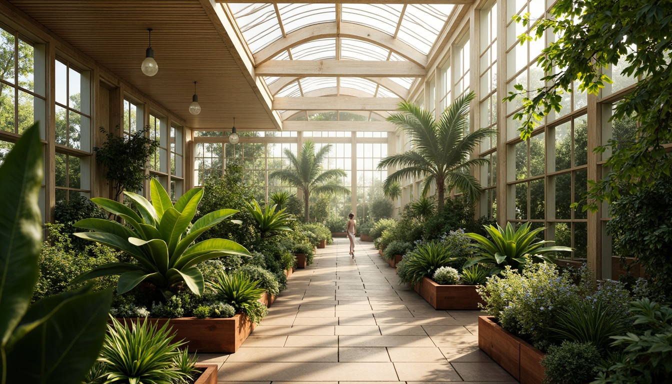 Prompt: Vibrant botanical greenhouse, lush tropical plants, warm natural lighting, misty atmosphere, wooden trellises, earthy terracotta pots, soft pastel hues, calming shades of green, contrasting bold accents, dynamic color blocking, harmonious monochromatic scheme, nature-inspired patterns, organic textures, curved lines, modern minimalist architecture, large skylights, clerestory windows, diffused warm light, shallow depth of field, 1/1 composition, realistic plant renderings.