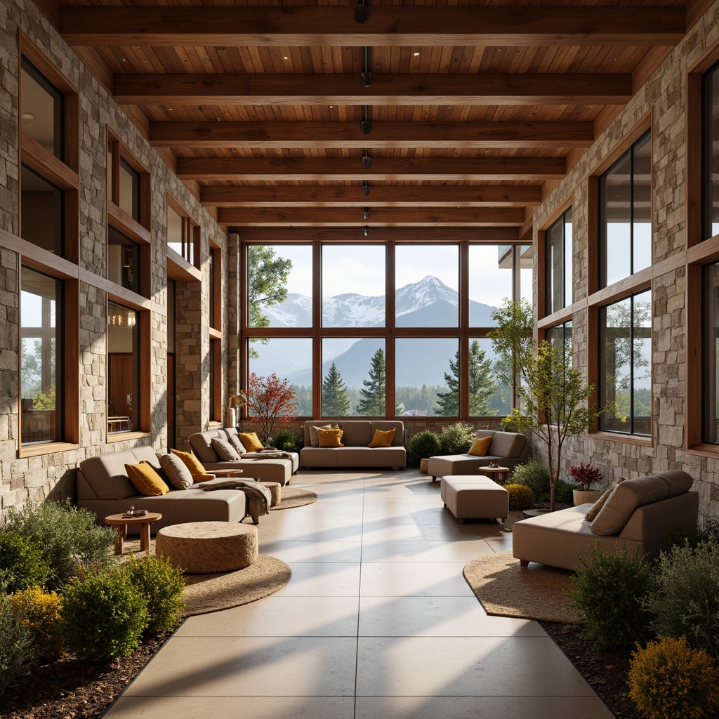 Prompt: Mountain lodge-inspired student halls, earthy tones, natural stone walls, wooden accents, warm beige floors, cozy cabin-like atmosphere, rustic metal fixtures, snow-capped mountain views, evergreen trees, misty morning fog, soft diffused lighting, shallow depth of field, 1/1 composition, panoramic view, realistic textures, ambient occlusion.