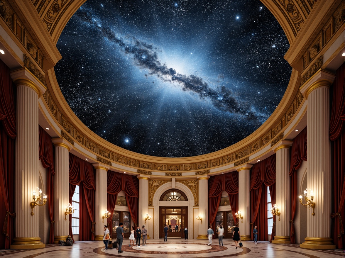 Prompt: Celestial planetarium dome, classicism-inspired fa\u00e7ade, ornate gold accents, intricate stone carvings, grandiose entrance arches, majestic columns, symmetrical composition, subtle gradient lighting, starry night sky projection, realistic astronomical details, ancient Greek and Roman architectural influences, rich velvet drapes, polished marble floors, lavish crystal chandeliers, 1/1 composition, high-contrast dramatic lighting, cinematic atmospheric effects.