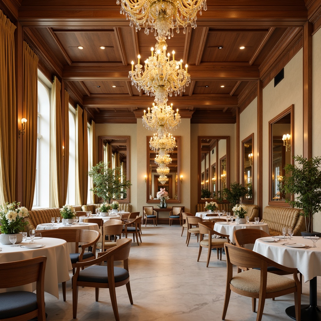 Prompt: Elegant dining hall, luxurious chandeliers, rich wood tones, cream-colored walls, velvety drapes, polished marble floors, sophisticated color scheme, warm golden lighting, intimate ambiance, refined furniture, soft cushions, ornate mirrors, subtle patterns, calm atmosphere, neutral background, 1/2 composition, shallow depth of field, realistic textures, ambient occlusion.