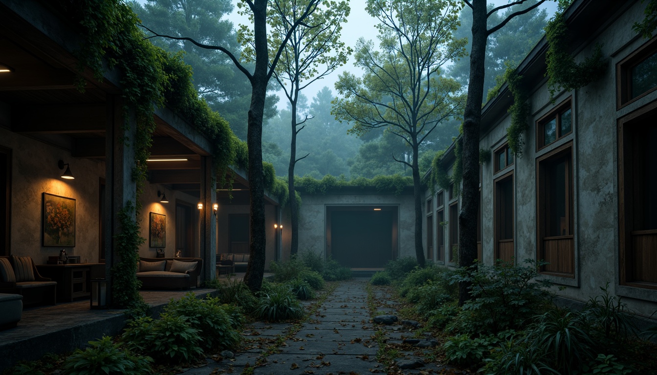 Prompt: Moody atmosphere, dark mysterious woods, foggy mist, eerie silence, abandoned ruins, old-growth trees, twisted vines, moss-covered stones, weathered wood, rusty metal, dim lanterns, soft warm lighting, shallow depth of field, cinematic composition, rich textures, ambient occlusion.