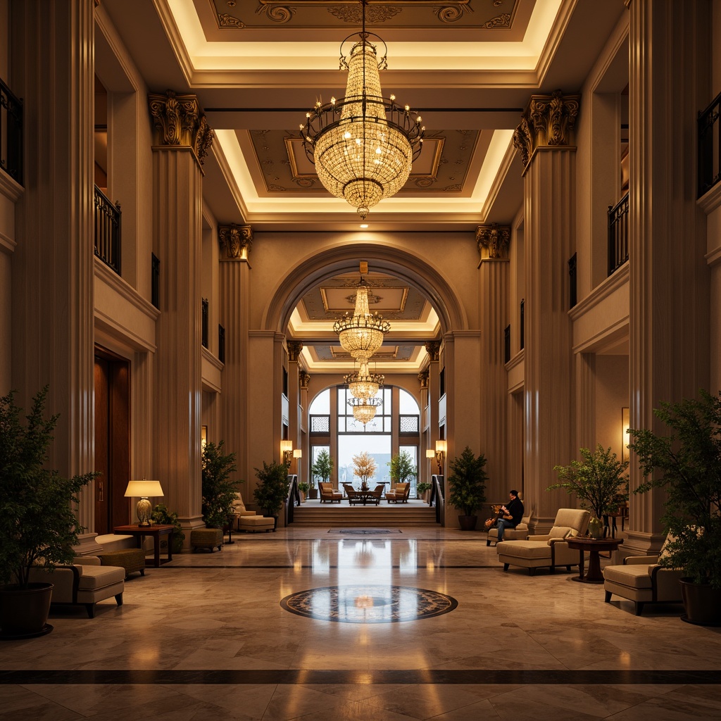 Prompt: Grand foyer, high ceilings, elegant chandeliers, soft warm glow, ambient lighting, subtle shadows, accentuated columns, ornate moldings, luxurious materials, marble floors, grand staircase, dramatic spotlights, LED strips, recessed lighting, cove lighting, warm color temperatures, sophisticated ambiance, 1/1 composition, low-key lighting, atmospheric rendering, realistic reflections.