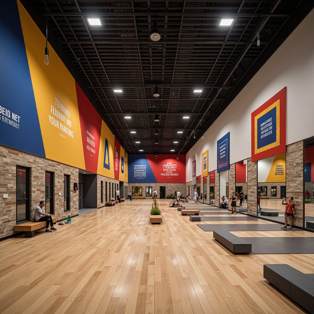 Prompt: Modern gymnasium interior, polished wood flooring, matte finish walls, acoustic ceiling panels, recessed LED lighting, vibrant color accents, motivational quotes, athletic-inspired graphics, sleek metal railings, rubberized floor mats, mirrored wall installations, natural stone feature walls, minimalist benches, industrial-style pendant lights, airy open spaces, high ceilings, dramatic shadows, 1/1 composition, softbox lighting, realistic textures.