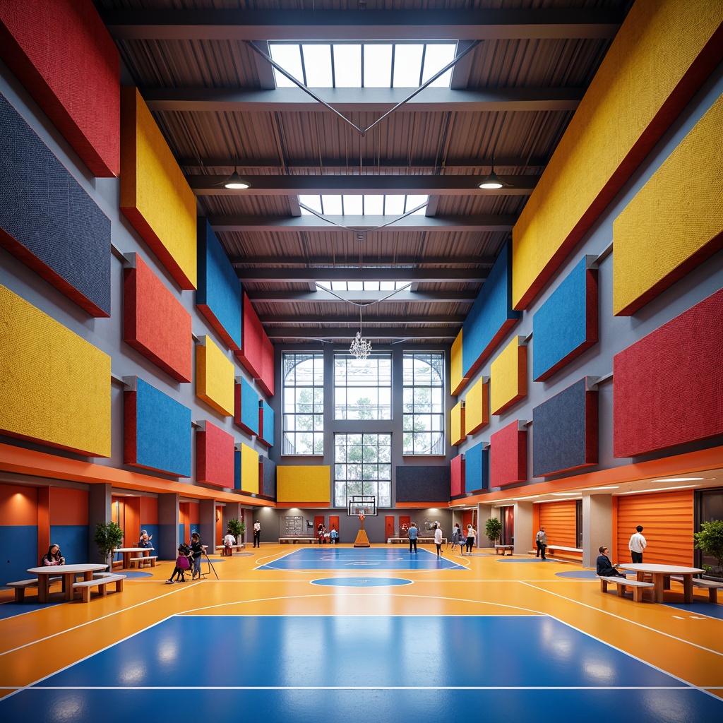 Prompt: Vibrant gymnasium interior, bold color blocking, dynamic flooring patterns, acoustic sound absorption panels, sports equipment storage units, climbing walls, basketball courts, athletic tracks, flexible seating arrangements, modular textile wall coverings, breathable mesh materials, moisture-wicking fabrics, high-visibility safety strips, LED lighting systems, futuristic architecture design, angular lines, minimal ornamentation, functional layout optimization, panoramic view, shallow depth of field, 3/4 composition, realistic textures, ambient occlusion.