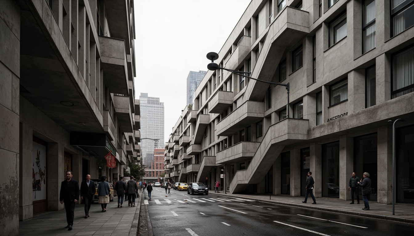 Prompt: Raw concrete textures, fortress-like buildings, imposing structures, dramatic scale, monumental staircases, minimalist ornamentation, functional simplicity, brutal honesty, exposed ductwork, industrial materials, urban context, busy city streets, overcast skies, harsh light, deep shadows, low-angle photography, dramatic composition, atmospheric perspective, rich cultural heritage.