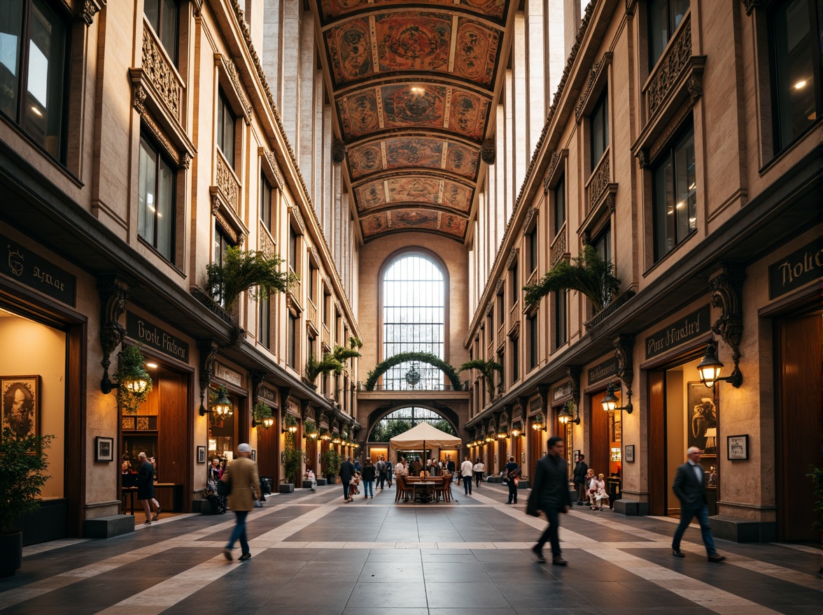 Prompt: Grand market hall, ornate neoclassical facade, intricate stone carvings, Corinthian columns, arched windows, ornamental balconies, richly patterned textiles, vibrant warm lighting, soft focus effect, shallow depth of field, 1/2 composition, symmetrical architecture, imposing grandeur, elegant proportions, refined details, subtle color palette, marble floors, granite walls, wooden accents, bronze fixtures, regal atmosphere, bustling commercial activity, morning sunlight, gentle shadows.