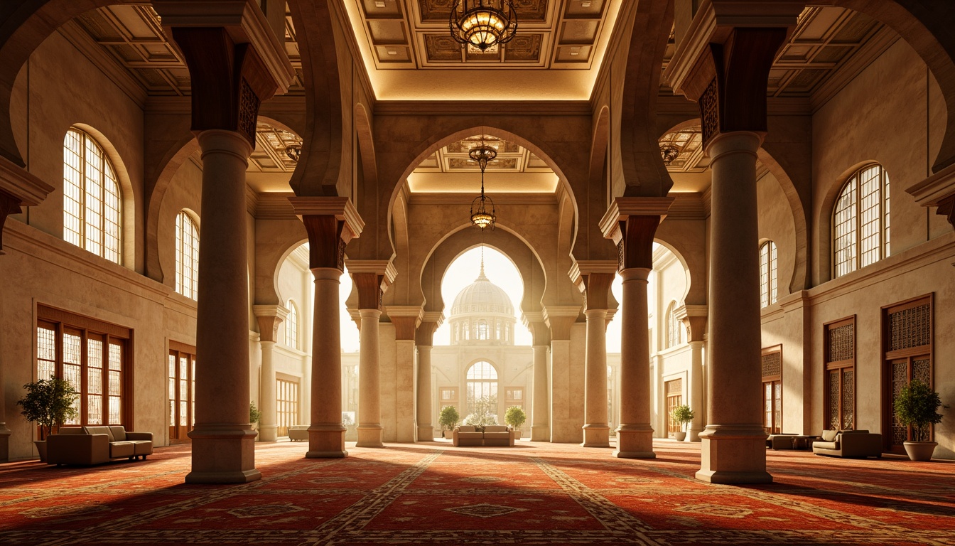 Prompt: Elegant grand mosque, intricate arches, ornate Islamic patterns, warm golden lighting, soft diffused glow, stained glass windows, majestic minarets, high ceilings, marble floors, luxurious textiles, vibrant colorful rugs, subtle ambient illumination, dramatic spotlighting, suspended lanterns, sleek modern chandeliers, indirect cove lighting, LED strip lights, serene ambiance, peaceful atmosphere, spiritual sanctity, natural stone walls, wooden accents, minimalist decor, abstract geometric shapes, 1/1 composition, shallow depth of field, realistic textures, soft focus blur.