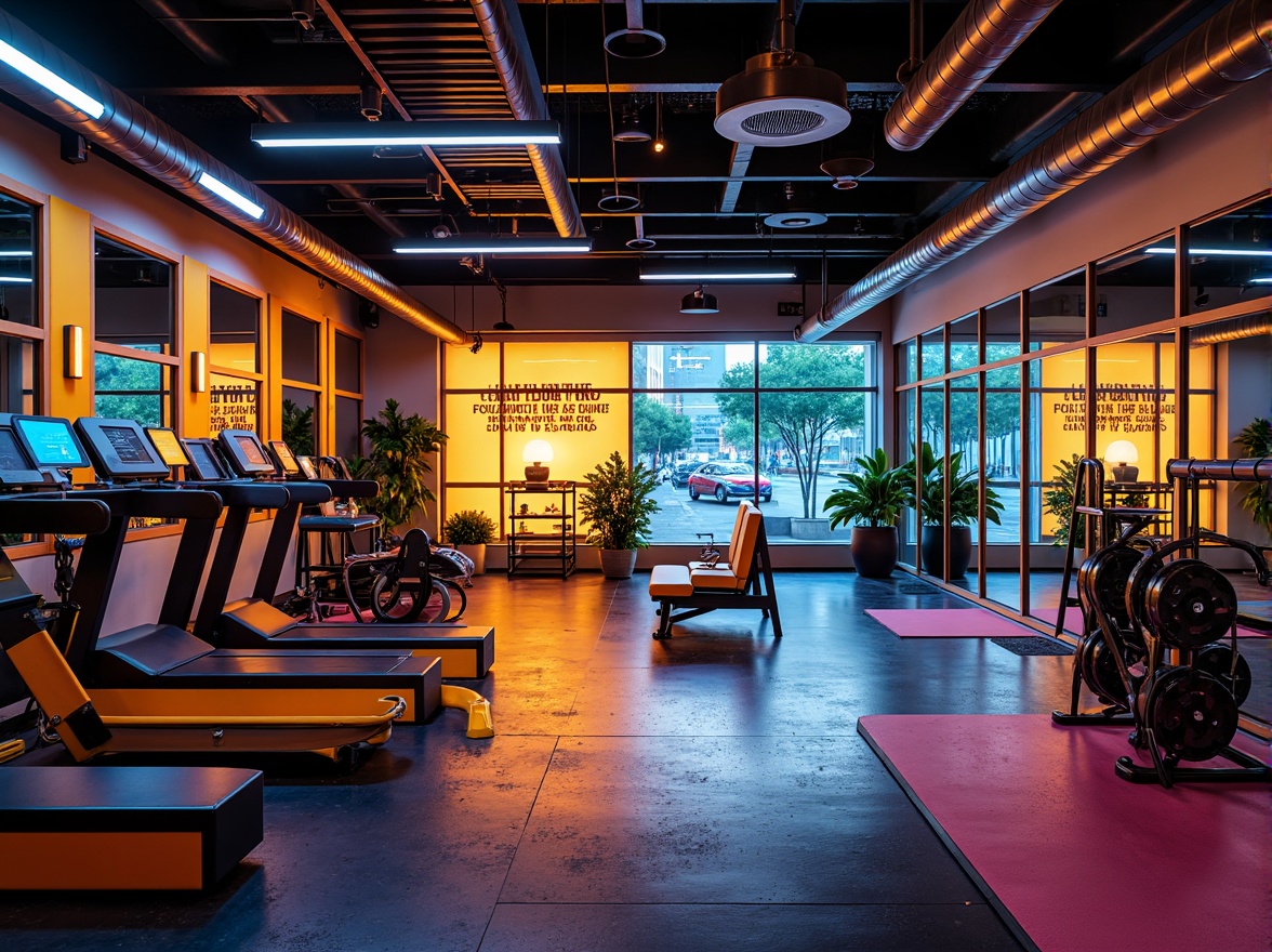 Prompt: Vibrant fitness club, energetic atmosphere, bold color scheme, dynamic lighting, motivational quotes, modern gym equipment, sleek metal frames, rubber flooring, mirrored walls, high-ceiling windows, natural daylight, urban cityscape, bustling streets, morning sunrise, invigorating ambiance, warm neutral tones, deep blues, bright oranges, neon greens, bold yellows, contrasting accents, gradient effects, abstract patterns, futuristic textures.