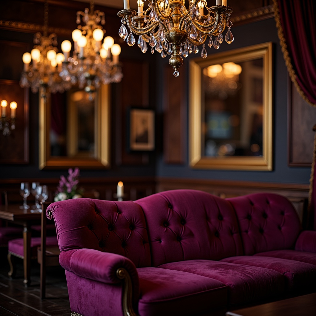 Prompt: Rich plum hues, luxurious velvet fabrics, ornate golden frames, lavish crystal chandeliers, dark wood accents, mysterious ambiance, warm candlelight, soft focus photography, shallow depth of field, 1/1 composition, intimate atmosphere, opulent textures, subtle sheen effects.