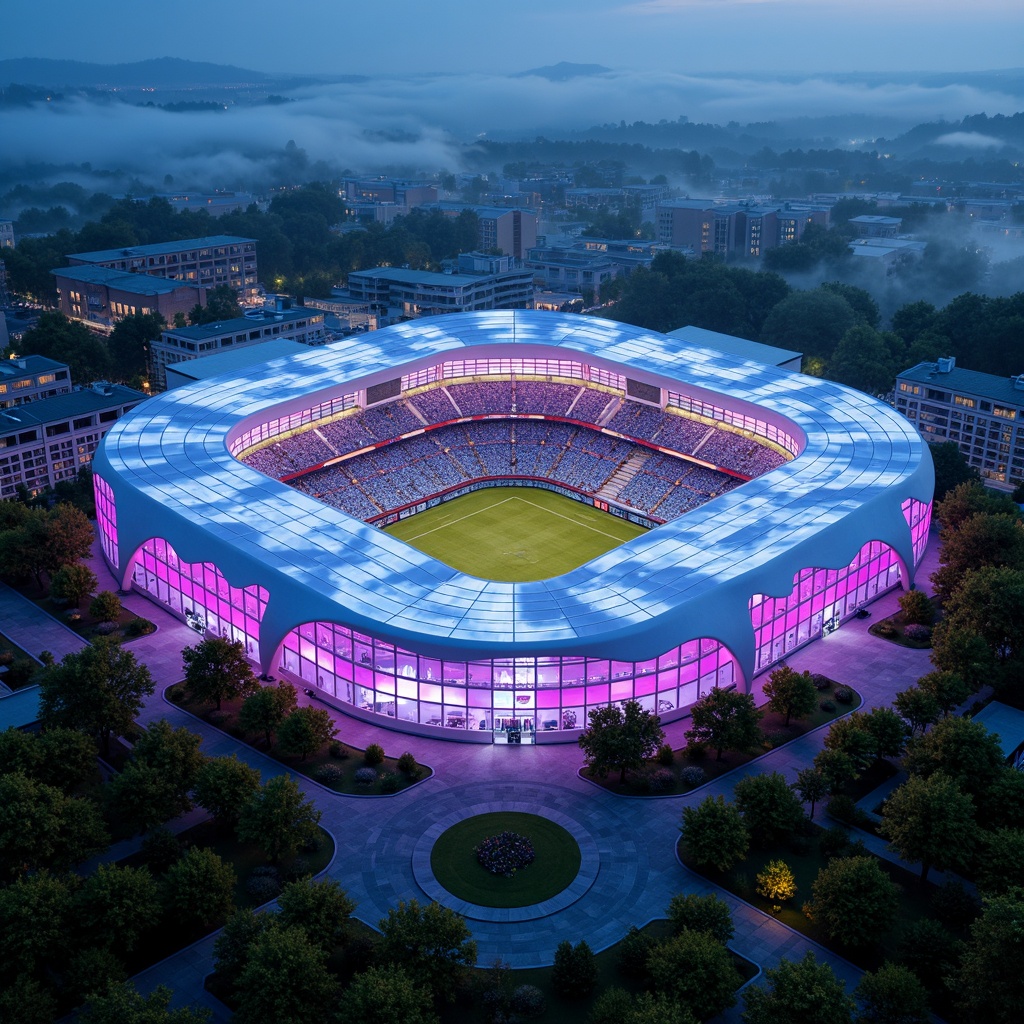 Prompt: Bioluminescent soccer stadium, undulating facade patterns, iridescent color schemes, parametric architecture, fluid shapes, dynamic curves, translucent roofs, LED lighting systems, misty atmospheric effects, futuristic ambiance, sustainable energy harvesting, solar panels, wind turbines, green roofs, recycled materials, organic-inspired textures, vibrant neon accents, 3D-printed components, sweeping arches, grand entranceways, panoramic views, shallow depth of field, realistic reflections.