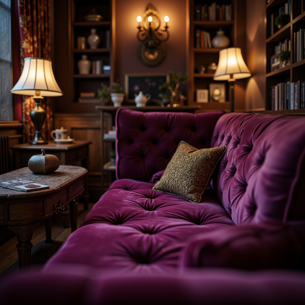 Prompt: Rich plum hues, luxurious velvet textures, ornate golden accents, soft warm lighting, intimate cozy atmosphere, lavish furnishings, regal purple undertones, subtle berry nuances, dark wood tones, intricate patterns, mysterious ambiance, shallow depth of field, 1/2 composition, warm color palette, realistic renderings, ambient occlusion.