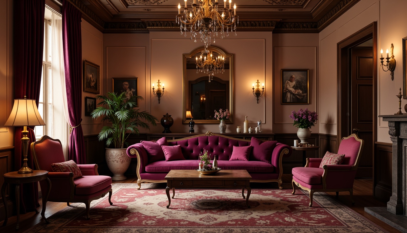 Prompt: Rich plum hues, velvety dark purple undertones, warm golden lighting, soft blush accents, deep berry tones, luxurious velvet fabrics, ornate antique furniture, classic traditional architecture, warm beige backgrounds, subtle sheen finishes, 1/2 composition, intimate atmospheric mood, cinematic color grading, realistic texture details.