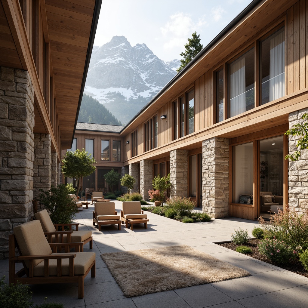 Prompt: Mountainous student halls, earthy tone exteriors, wooden accents, natural stone walls, rustic metal roofs, cozy interior spaces, warm beige colors, rich wood furnishings, plush textiles, snow-capped mountain views, misty morning atmosphere, soft warm lighting, shallow depth of field, 1/2 composition, realistic textures, ambient occlusion.