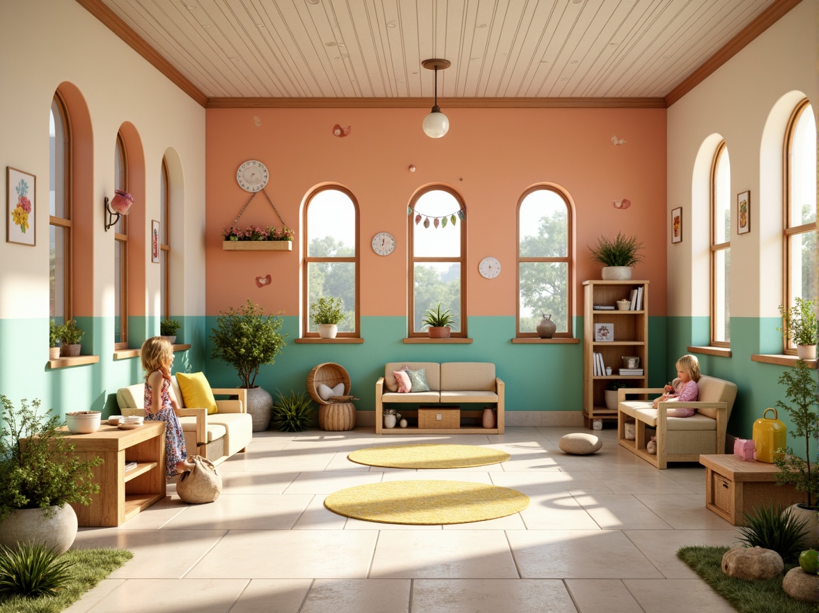 Prompt: Whimsical kindergarten, pastel color scheme, soft peach walls, creamy white trim, warm beige floors, vibrant turquoise accents, sunny yellow highlights, gentle mint green details, rustic wooden furniture, playful polka dot patterns, natural stone textures, cozy reading nooks, circular windows, arched doorways, ornate metal railings, joyful murals, blooming floral arrangements, soft warm lighting, shallow depth of field, 1/2 composition, realistic render.