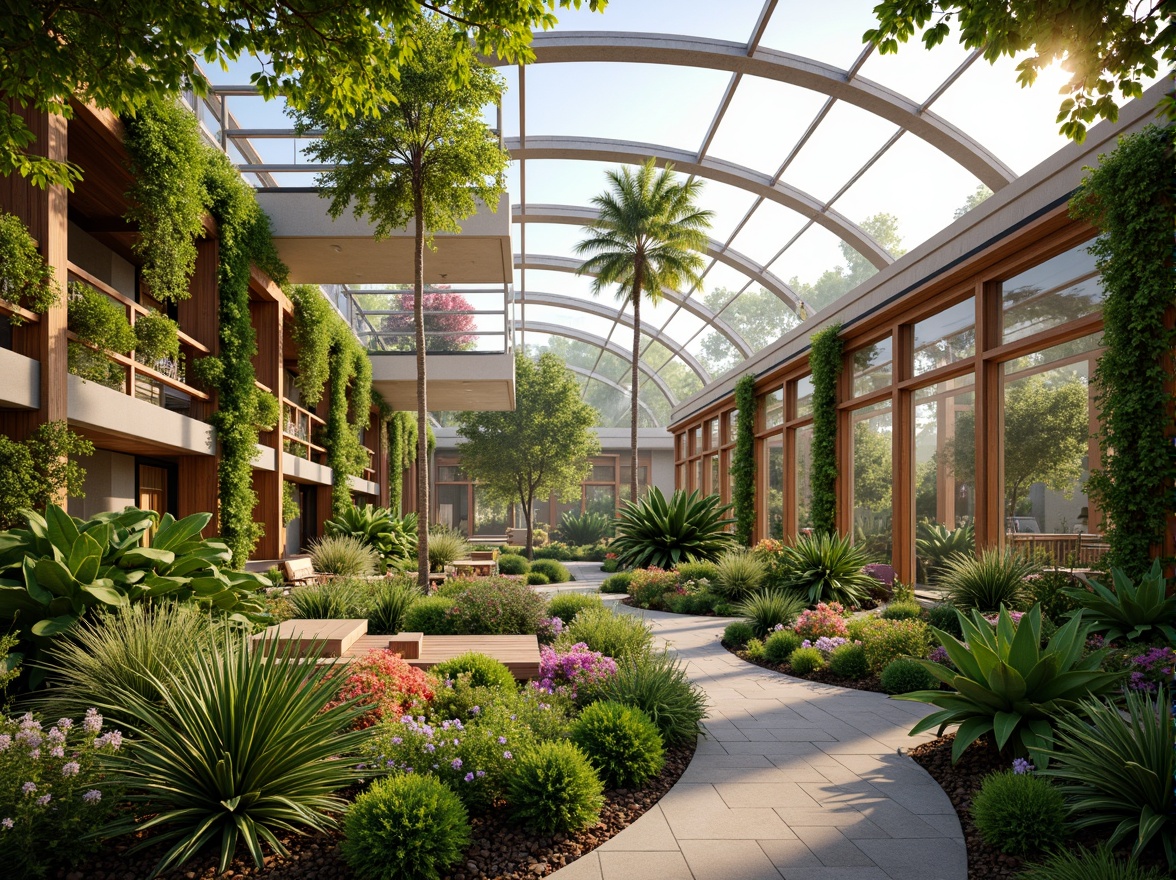 Prompt: Vibrant greenhouse, lush tropical plants, warm natural light, soft pastel colors, earthy tones, wooden accents, misting systems, humid climate control, large glass windows, modern minimalist architecture, steel frames, curved lines, airy open spaces, natural ventilation, living walls, green roofs, solar panels, eco-friendly materials, calming ambiance, shallow depth of field, 1/1 composition, realistic textures, ambient occlusion.