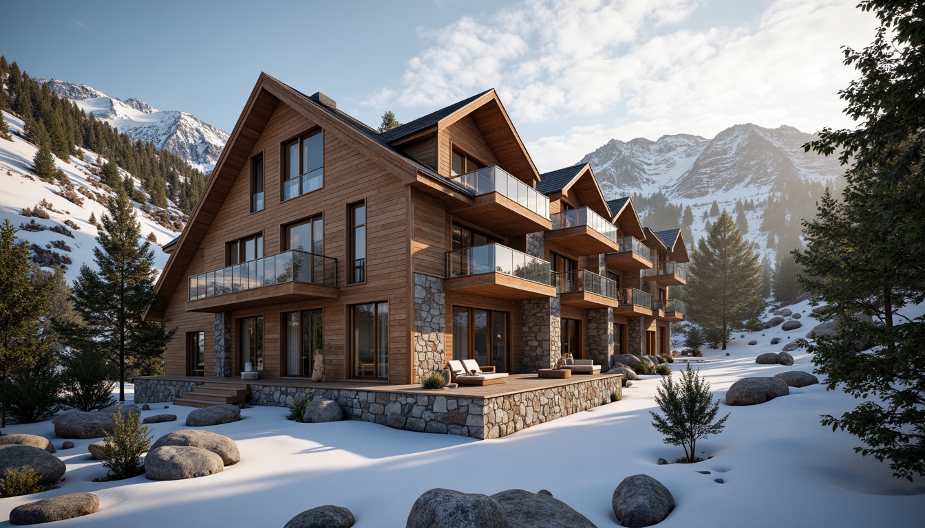 Prompt: Rustic mountain lodge, wooden accents, stone foundations, sloping roofs, snow-covered peaks, evergreen trees, misty mornings, warm sunlight, floor-to-ceiling windows, clerestory windows, skylights, open-plan living areas, minimalist decor, natural textiles, earthy color palette, rough-hewn wood beams, cantilevered balconies, panoramic views, soft warm lighting, shallow depth of field, 3/4 composition, realistic textures, ambient occlusion.