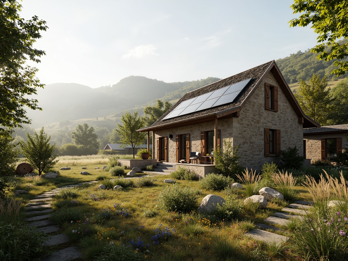 Prompt: Rustic rural cottage, earthy tone exterior, natural stone walls, wooden shutters, sloping green roofs, solar panels, wind turbines, rainwater harvesting systems, organic gardens, meandering pathways, wildflower fields, misty morning atmosphere, warm soft lighting, shallow depth of field, 2/3 composition, realistic textures, ambient occlusion, serene rural landscape, rolling hills, distant mountains.