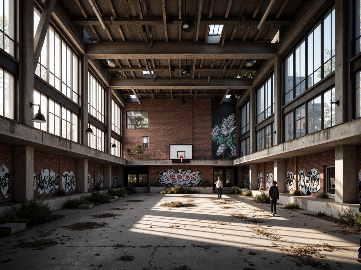 Prompt: Deconstructed gymnasium facade, fragmented brick walls, irregular metal frames, bold concrete columns, dynamic angular lines, provocative asymmetrical composition, distressed finishes, raw industrial textures, graffiti-inspired murals, urban decay atmosphere, dramatic shadows, high-contrast lighting, avant-garde architectural details, rebellious spirit, edgy contemporary vibe.