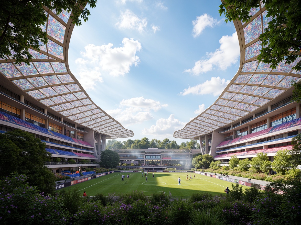 Prompt: Vibrant soccer stadium, curved lines, biomimetic architecture, iridescent colors, undulating roofs, wavy seating areas, organic shapes, dynamic structural systems, futuristic design, high-tech materials, sleek metallic surfaces, LED lighting systems, translucent canopies, atmospheric misting systems, lush greenery, tropical plants, warm sunny day, dramatic shadows, 1/1 composition, wide-angle lens, cinematic framing, shallow depth of field.