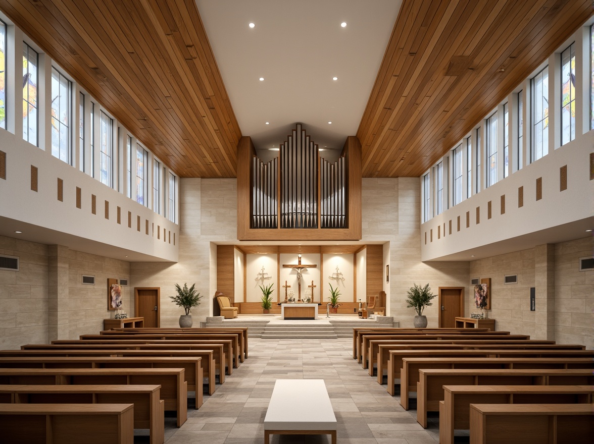 Prompt: Contemporary church interior, minimalist altar, sleek wooden pews, stained glass windows, vaulted ceilings, grand organ pipes, subtle ambient lighting, natural stone floors, abstract Christian symbols, modern crucifixes, circular seating areas, community gathering spaces, open floor plans, clerestory windows, diffused natural light, warm beige color schemes, 1/1 composition, shallow depth of field, realistic textures, atmospheric fog effects.