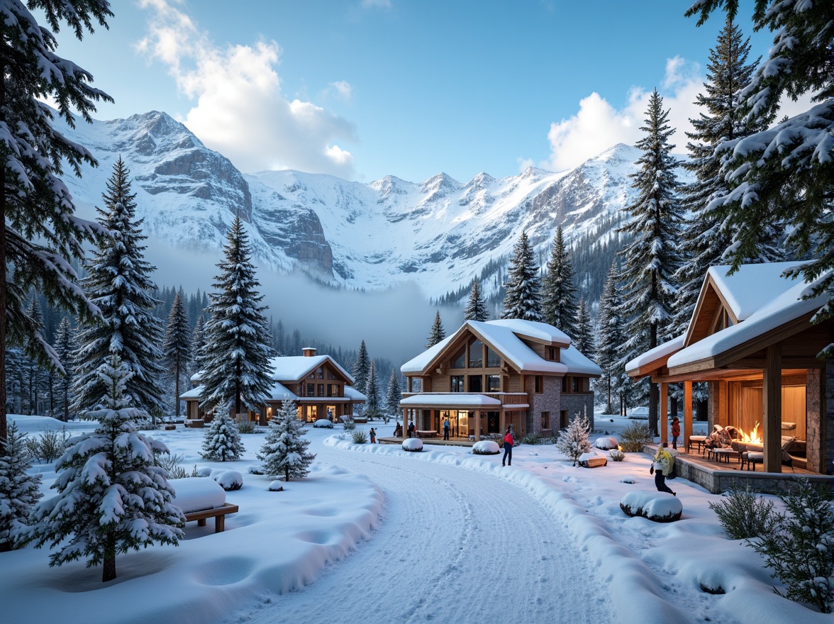 Prompt: Snow-capped mountains, frosty pine trees, icy blue skies, ski lifts, snowboarding trails, winter sports equipment, wooden chalets, rustic stone walls, cozy fireplaces, warm cabin interiors, earthy tone color palette, rich wood accents, creamy whites, deep blues, vibrant oranges, snowy textures, misty atmospheric effects, dramatic lighting, 1-point perspective composition, cinematic mood, realistic rendering.