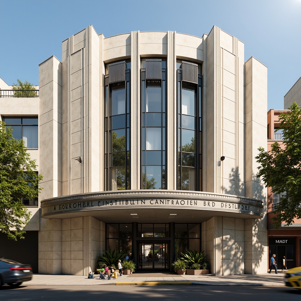 Prompt: Art Deco distribution center facade, geometric patterns, ornate metalwork, curved lines, bold typography, bright chrome accents, cream-colored stone walls, large glass windows, decorative pilasters, chevron motifs, zigzag patterns, luxurious materials, high-contrast lighting, shallow depth of field, 1/1 composition, symmetrical architecture, grand entrance, majestic scale, urban context, bustling streets, morning light, soft focus.