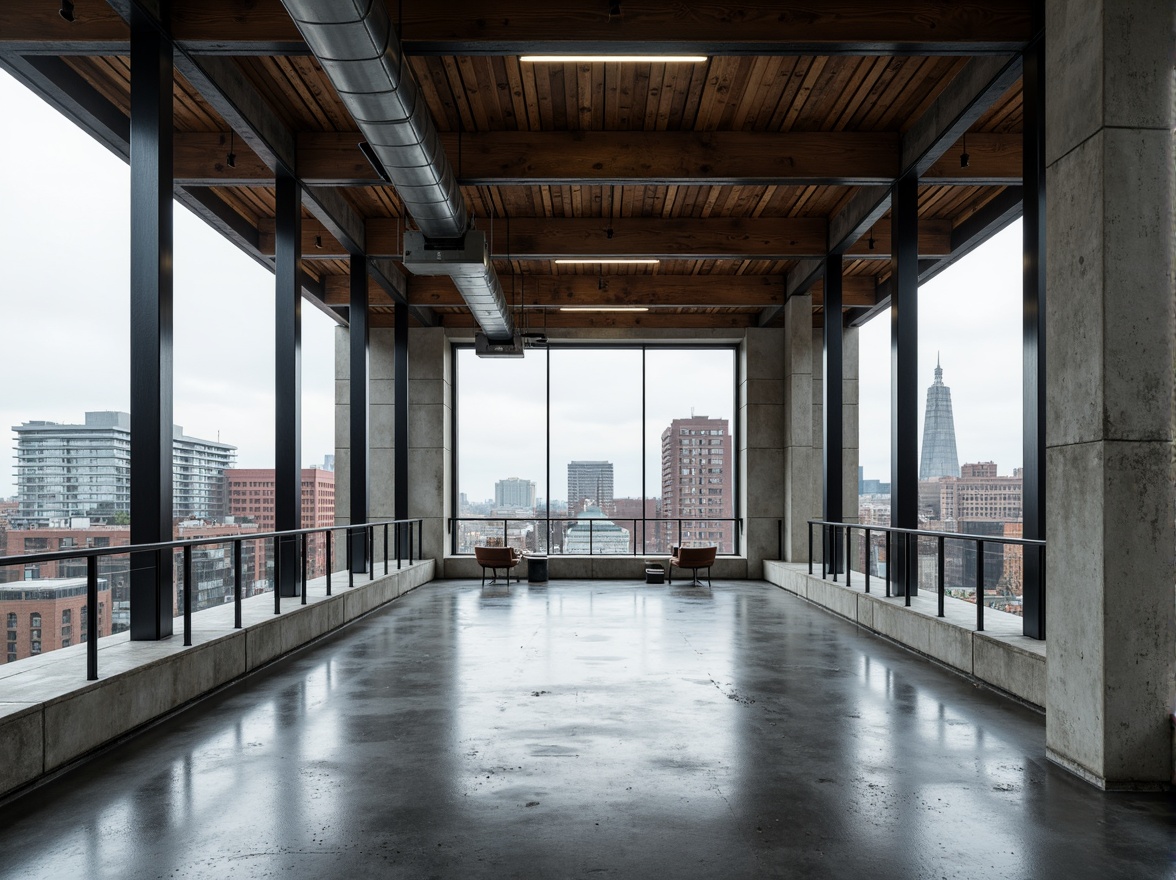 Prompt: Polished concrete floors, exposed ductwork ceilings, industrial metal beams, reclaimed wood accents, sleek glass railings, minimalist steel columns, raw concrete walls, brutalist architectural style, urban cityscape, overcast sky, dramatic shadows, high-contrast lighting, shallow depth of field, 1/1 composition, realistic textures, ambient occlusion.