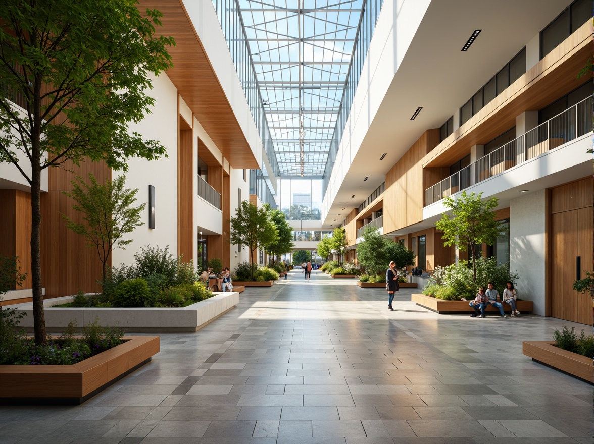 Prompt: Spacious hospital lobby, high ceilings, clerestory windows, natural stone flooring, wooden accents, minimal obstructions, open floor plans, abundant greenery, living walls, skylights, solar tubes, reflective surfaces, soft warm lighting, indirect sunlight, 1/1 composition, shallow depth of field, panoramic view, realistic textures, ambient occlusion.