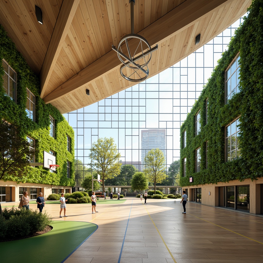 Prompt: Vibrant gymnasium interior, large windows, natural light pouring in, green walls with living plants, wooden flooring, modern sports equipment, basketball hoops, athletic tracks, spacious open areas, dynamic architecture, angular lines, minimalist design, eco-friendly materials, innovative ventilation systems, shaded outdoor spaces, misting systems, panoramic view, realistic textures, ambient occlusion, serene atmosphere, soft warm lighting, shallow depth of field, 3/4 composition.