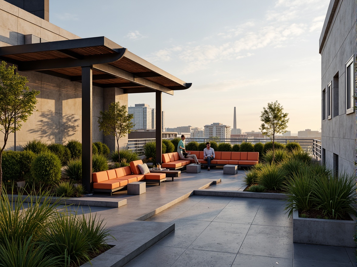 Prompt: Rooftop oasis, lush greenery, minimalist decor, industrial pipes, concrete flooring, steel railings, sleek metal furniture, geometric patterns, functional simplicity, bold color accents, cantilevered rooflines, angular architecture, urban skyline views, warm sunset lighting, shallow depth of field, 1/1 composition, realistic textures, ambient occlusion.