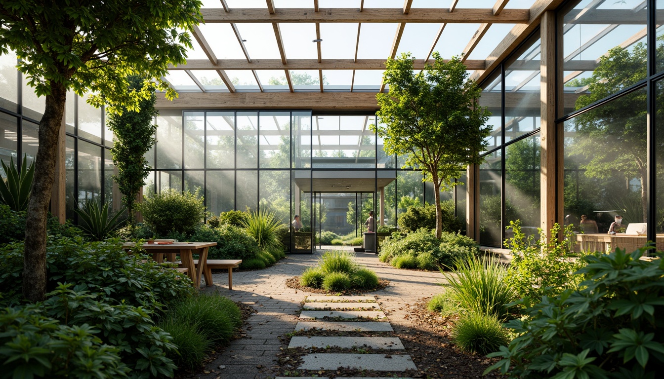 Prompt: Lush greenery, transparent glass walls, curved metal frames, wooden trellis, climbing plants, misting systems, automatic irrigation, natural ventilation, solar panels, clerestory windows, skylights, industrial pipes, exposed brick walls, modern minimalist design, bright warm lighting, shallow depth of field, 1/1 composition, realistic textures, ambient occlusion.