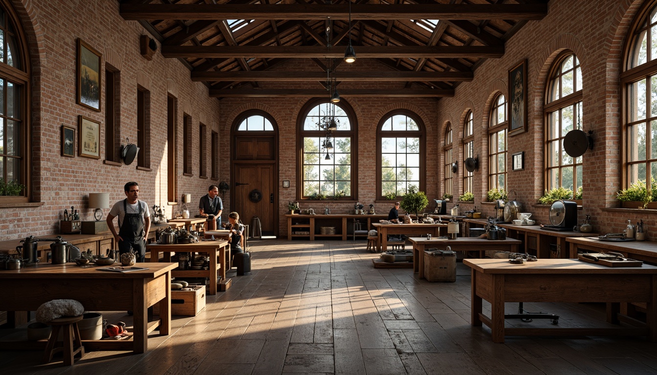 Prompt: Rustic workshop, classicism style, distressed wood textures, worn stone walls, vintage metal tools, wooden workbenches, antique machinery, exposed brick arches, ornate ironwork, decorative trusses, stained glass windows, warm soft lighting, shallow depth of field, 1/1 composition, symmetrical framing, realistic rusted metals, ambient occlusion.