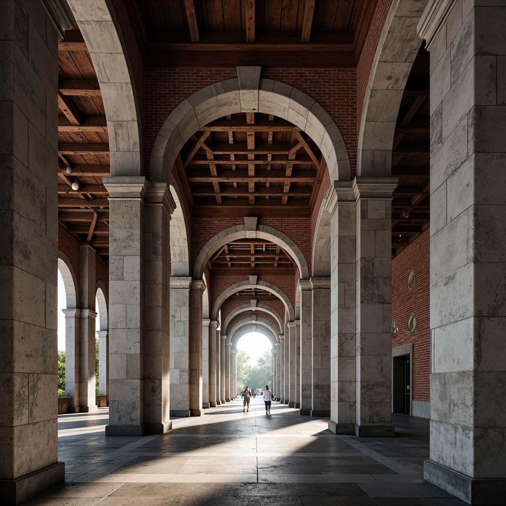 Prompt: Rugged concrete columns, sleek steel beams, ornate stone carvings, grand archways, vaulted ceilings, robust brick facades, modern minimalist lines, industrial chic textures, polished metal accents, vibrant color schemes, natural light pouring, dramatic shadow play, 1/1 composition, symmetrical framing, high contrast lighting, intricate stonework patterns, ambient occlusion.