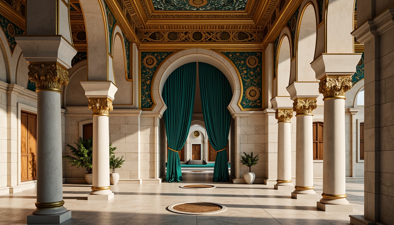 Prompt: Ornate column capitals, intricately carved marble, golden mosaics, ornamental arches, vibrant turquoise accents, richly textured stone walls, grand domed structures, majestic entranceways, intricate geometric patterns, luxurious velvet drapes, soft warm lighting, shallow depth of field, 1/1 composition, panoramic view, realistic textures, ambient occlusion.