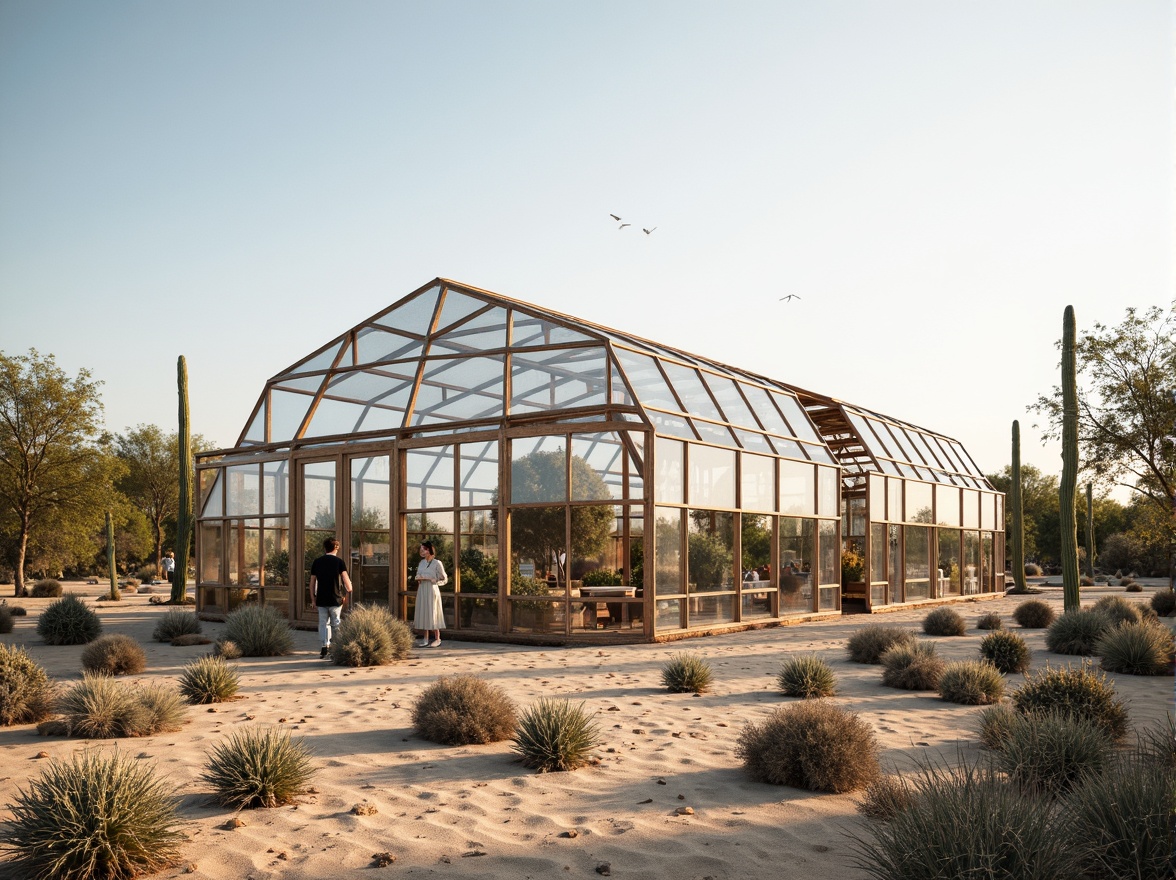 Prompt: Desert greenhouse, arid landscape, cacti and succulents, warm sandy terrain, innovative ventilation systems, evaporative cooling technology, misting systems, fog collectors, wind catchers, solar-powered fans, natural convection design, insulation materials, double-glazed windows, reflective coatings, shading devices, climate-controlled environments, humidity management, air circulation optimization, heat recovery systems, sustainable agricultural practices, futuristic architecture, modern glass buildings, steel frames, minimalist interior design, automated irrigation systems, hydroponic farming, organic crop cultivation.