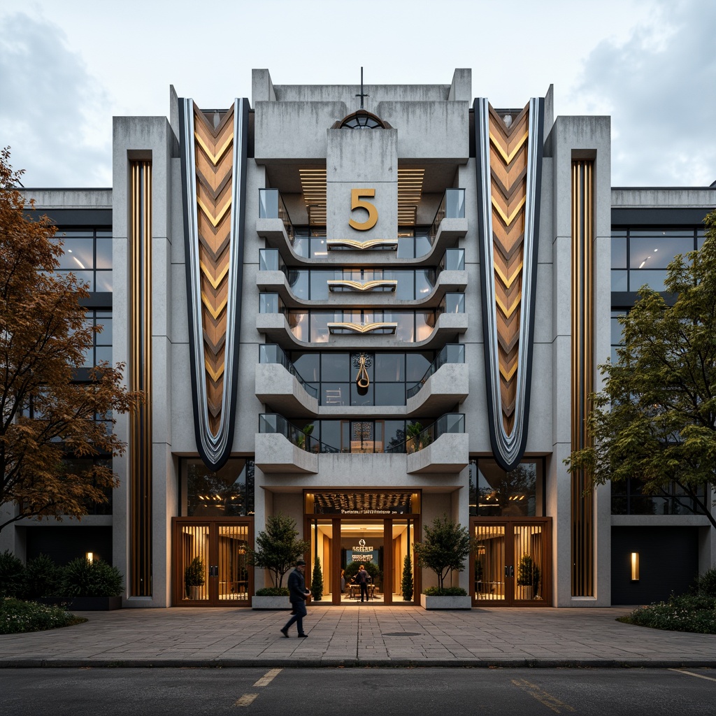 Prompt: Art Deco distribution center facade, geometric patterns, ornate metalwork, symmetrical compositions, luxurious materials, bold color schemes, stepped silhouettes, zigzag motifs, chevron designs, metallic accents, chrome finishes, curved lines, opulent decorations, grand entranceways, imposing columns, ornamental gates, retro-futuristic vibes, urban industrial backdrop, overcast day, dramatic shadows, high-contrast lighting, 1/2 composition, cinematic atmosphere, stylized textures.