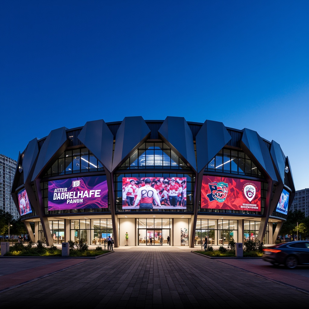 Prompt: Modern stadium facade, steel cladding, angular lines, dynamic curves, cantilevered roofs, grand entrance gates, sleek metallic surfaces, high-tech LED lighting, vibrant team color schemes, urban landscape background, clear blue sky, dramatic night illumination, shallow depth of field, 2/3 composition, realistic reflections, ambient occlusion.