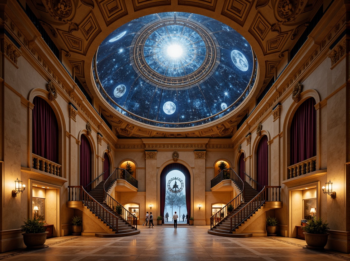 Prompt: Celestial planetarium dome, classicism-inspired facade, ornate astronomical patterns, intricate stonework, grand entrance archways, majestic columns, sweeping staircases, celestial body-inspired sculptures, starry night sky projections, soft ambient lighting, warm golden hues, rich wood accents, luxurious velvet drapes, antique bronze fixtures, subtle gradient effects, 3/4 composition, symmetrical framing, shallow depth of field, realistic textures, ambient occlusion.