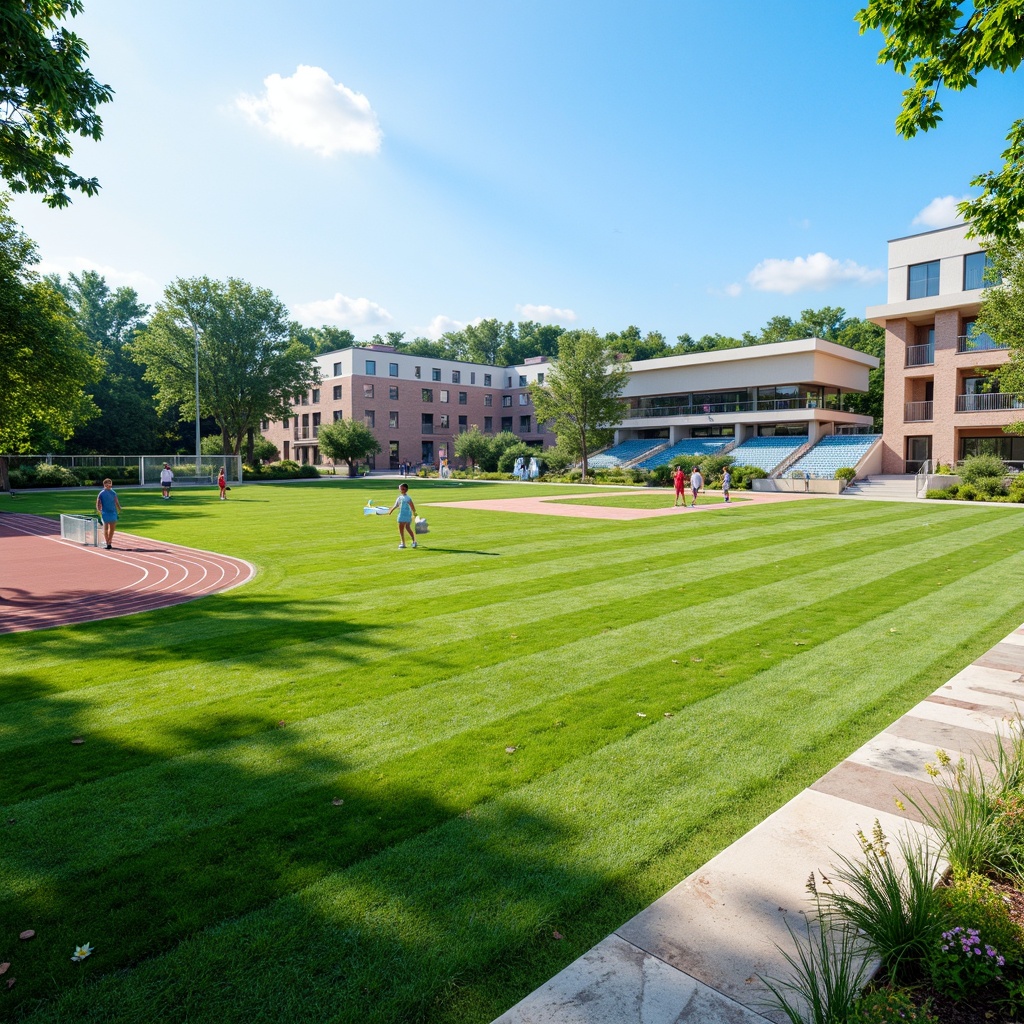 Prompt: Lush green grass, athletic tracks, sports equipment, soccer goals, basketball hoops, tennis courts, baseball diamonds, stadiums, grandstands, spectator seating, scoreboards, floodlights, sunny days, clear blue skies, natural stone pathways, irrigation systems, drainage solutions, artificial turf, rubberized surfaces, safety fencing, chain-link fences, gates, athletic field markings, goalposts, netting, sports-themed landscaping, outdoor recreational spaces, community parks.