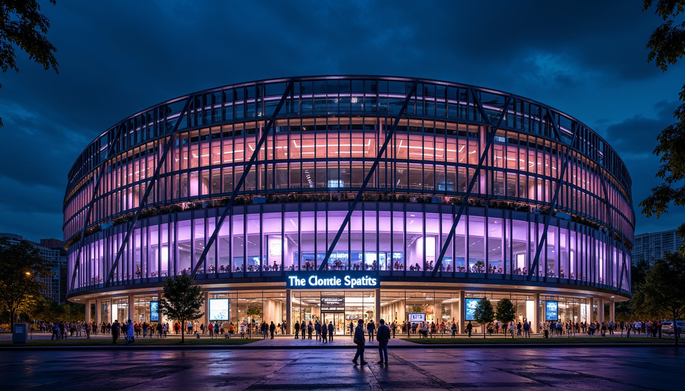 Prompt: Modern stadium facade, steel framework structure, curved lines, angular shapes, metallic sheen, reflective surfaces, sleek design, towering height, grand entrance, floodlit nighttime, vibrant color scheme, dynamic LED lighting, urban cityscape background, bustling crowd atmosphere, 1/1 composition, shallow depth of field, realistic textures, ambient occlusion.