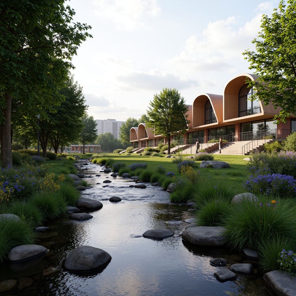 Prompt: Riverbank setting, serene water flow, lush green vegetation, modern streamline bank architecture, glass fa\u00e7ade, cantilevered roofs, minimalist design, eco-friendly materials, recycled metal cladding, low-carbon concrete, solar panels, rainwater harvesting systems, green roofs, living walls, natural stone flooring, reclaimed wood accents, energy-efficient lighting, soft warm ambiance, shallow depth of field, 3/4 composition, panoramic view, realistic textures, ambient occlusion.