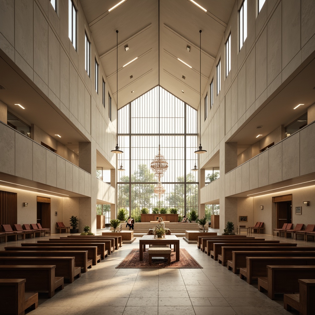 Prompt: Minimalist sacred space, grandiose vaulted ceiling, natural light pouring through clerestory windows, subtle warm glow, LED strip lighting, suspended chandeliers, abstract stained glass patterns, neutral color palette, limestone floors, marble altars, sleek wooden pews, geometric-patterned rugs, ornate metalwork details, dramatic spotlights, soft ambient illumination, 1/2 composition, high contrast ratio, realistic reflections, subtle lens flares.