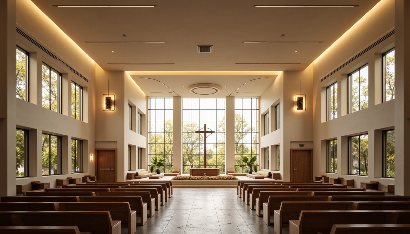 Prompt: Contemporary church interior, minimalist altar, stained glass windows, natural light pouring, sleek wooden pews, curved lines, open floor plan, high ceilings, dramatic lighting, warm beige tones, stone flooring, modern chandeliers, abstract sculptures, prayer areas, peaceful ambiance, soft focus, shallow depth of field, 1/2 composition, symmetrical framing, realistic textures, ambient occlusion.