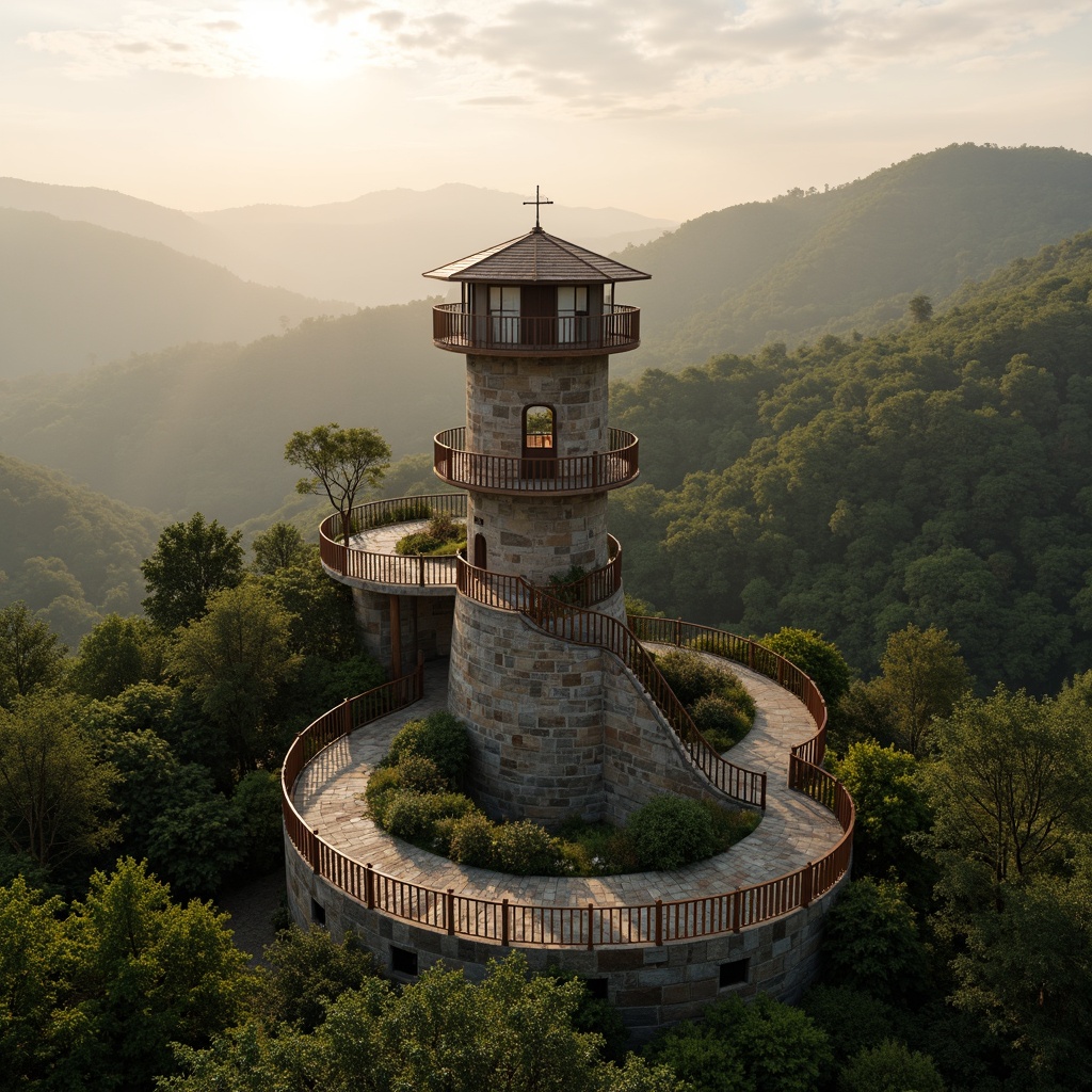 Prompt: \Panoramic watching tower, harmonious landscape integration, rolling hills, lush green forests, winding stone pathways, elevated scenic viewpoints, wooden observation decks, rustic metal railings, natural stonewalls, earthy color palette, organic architecture, blending with surroundings, misty dawn atmosphere, warm golden lighting, shallow depth of field, 1/2 composition, symmetrical framing, realistic textures, ambient occlusion.\