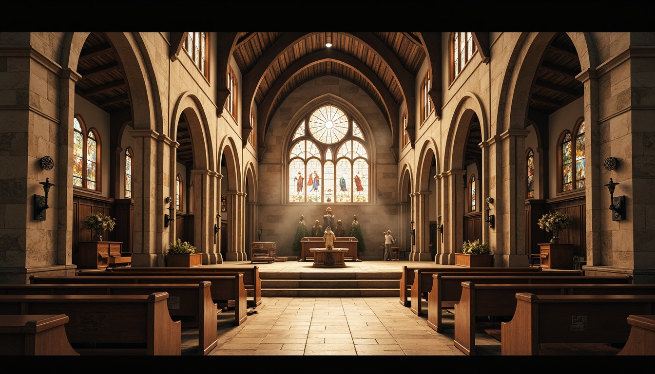 Prompt: Elegant church facade, rustic stone walls, stained glass windows, grand wooden doors, ornate metalwork, intricate carvings, vaulted ceilings, marble flooring, warm golden lighting, dramatic shadows, soft focus, shallow depth of field, 1/2 composition, symmetrical framing, atmospheric mist, subtle color grading.