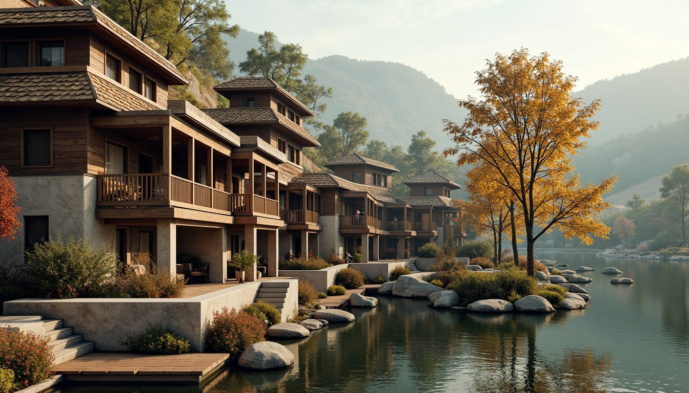 Prompt: Vibrant cultural heritage, traditional architectural styles, ornate decorations, local materials, earthy tones, rustic textures, natural surroundings, rolling hills, serene lakeside, warm sunny day, soft diffused lighting, 3/4 composition, panoramic view, realistic atmospheric effects, ambient occlusion.