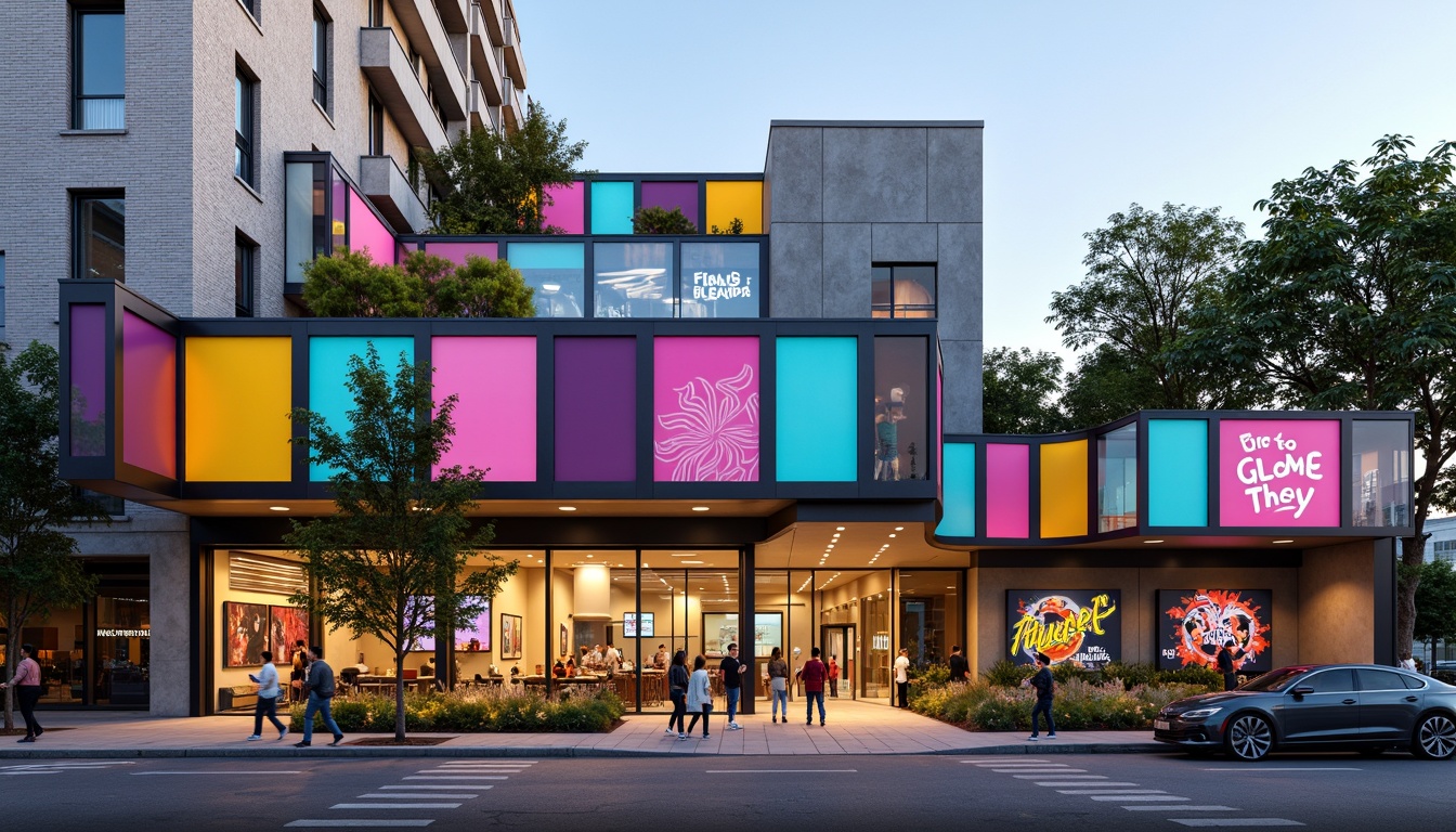 Prompt: Vibrant youth center facade, bold color blocking, irregular shapes, eclectic mix of materials, exposed ductwork, industrial chic, street art-inspired murals, neon signage, dynamic LED lighting, futuristic curves, cantilevered volumes, playful textures, abstract patterns, asymmetrical composition, urban context, bustling streets, afternoon sunlight, shallow depth of field, 1/2 composition, dramatic shadows, realistic reflections.